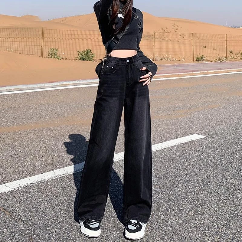 窄版黑灰高腰阔腿牛仔裤女2025秋冬新款宽松直筒垂感加绒拖地裤子