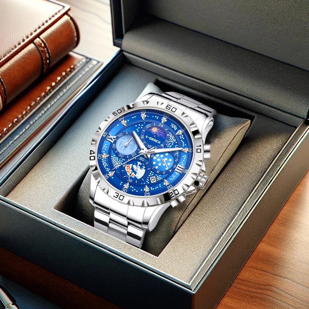 瑞士新款星星全自动男士多功能三针计时石英表防水夜光带日历腕表