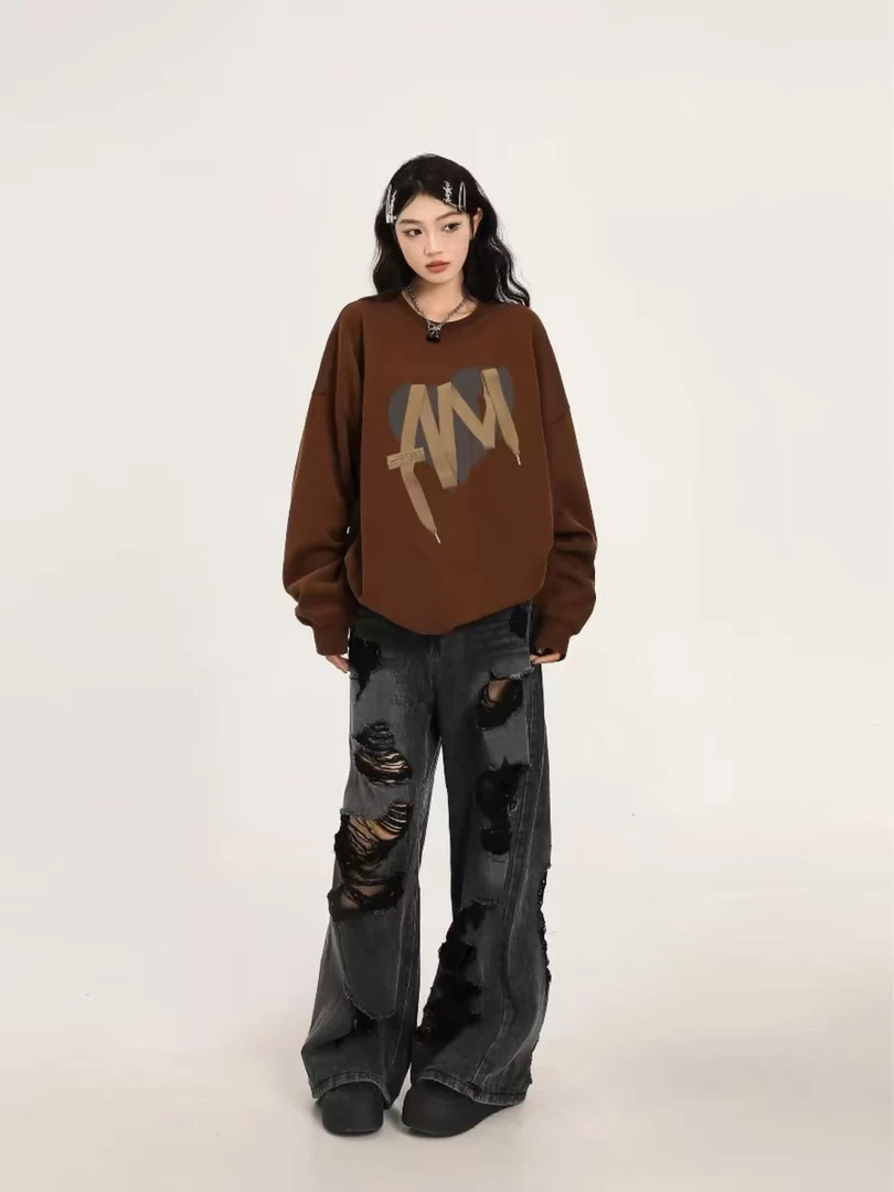美式棕加厚圆领卫衣女秋冬2024新款爆款oversize宽松慵懒上衣
