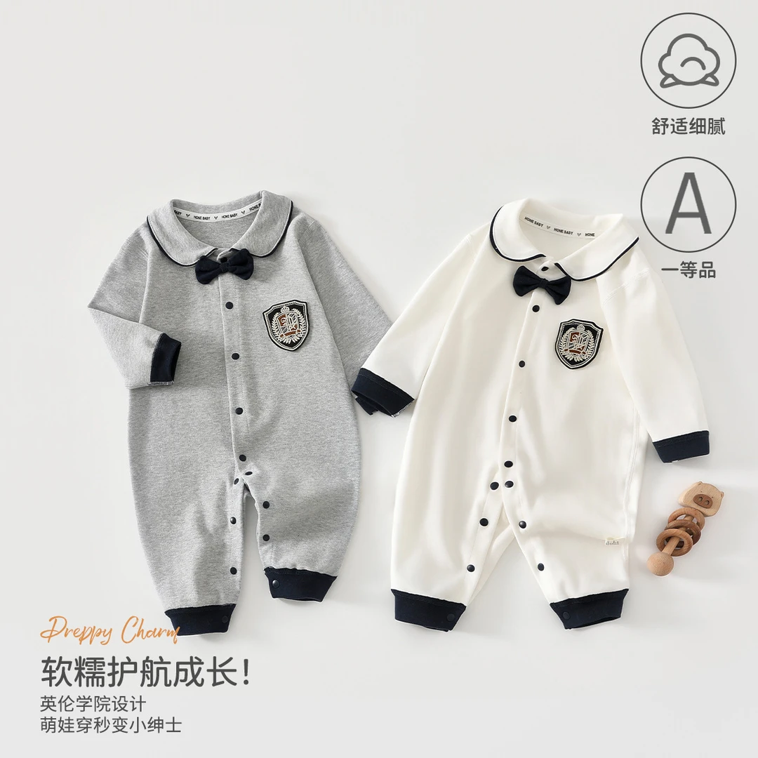 【a类棉】婴儿连体衣学院风翻领婴儿外出爬服秋季男宝宝英伦衣服