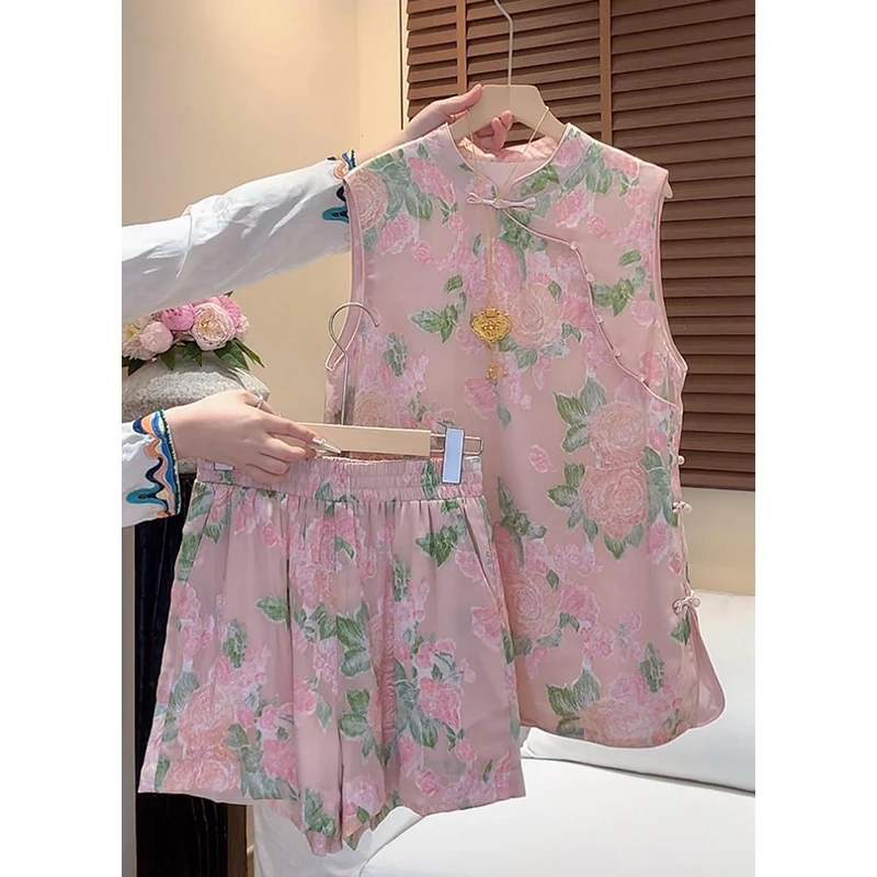 新中式时尚套装女2026年夏季新款盘扣立领上衣高腰阔腿短裤两件套