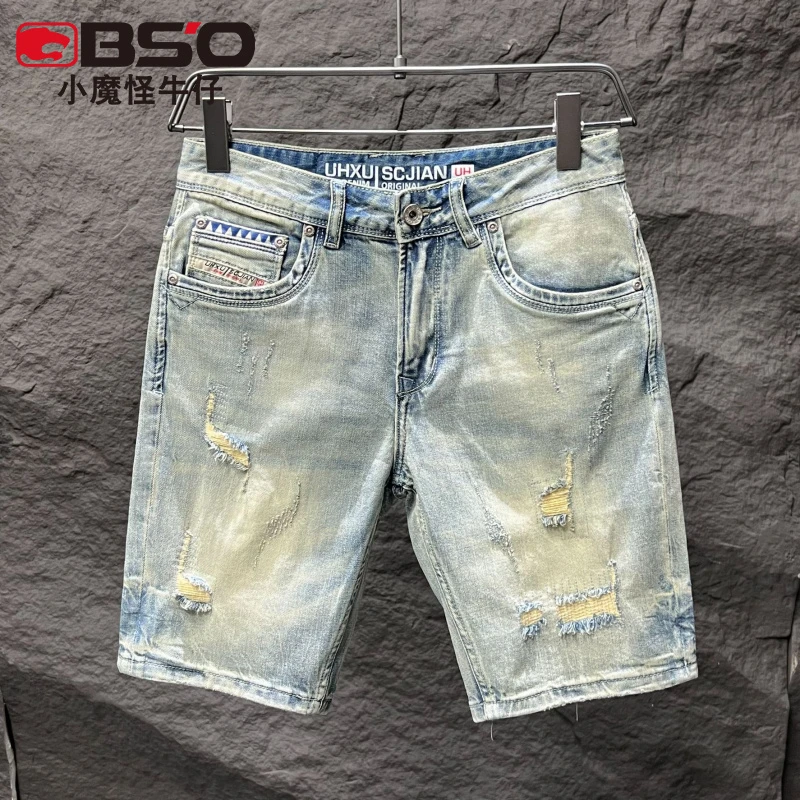 小魔怪复古刮烂男士牛仔短裤夏季款修身韩版ins潮直筒五分中裤子