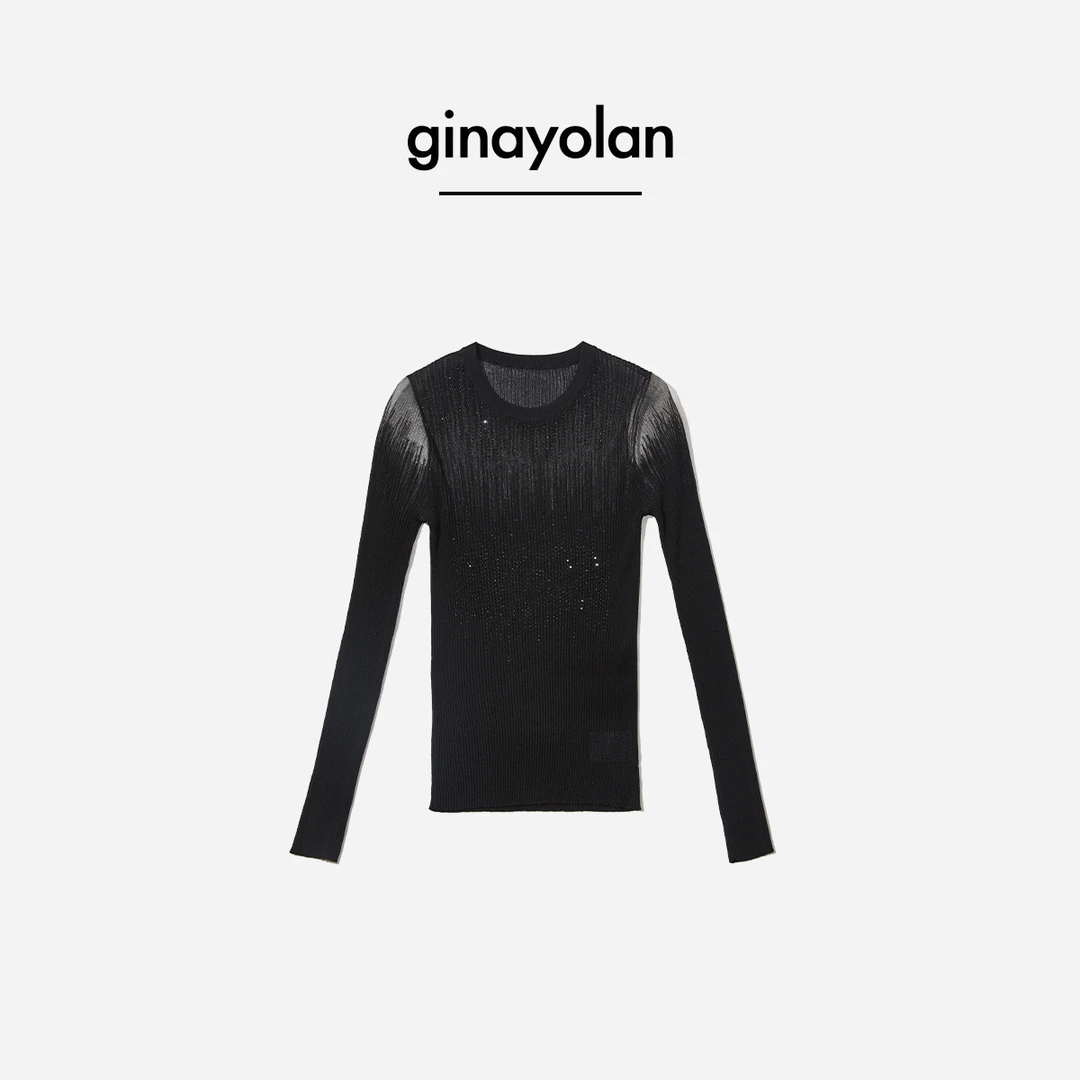 GINAYOLAN/瑾颜【重工】亮闪微透轻薄烫钻轻奢渐变长袖圆领针织衫女