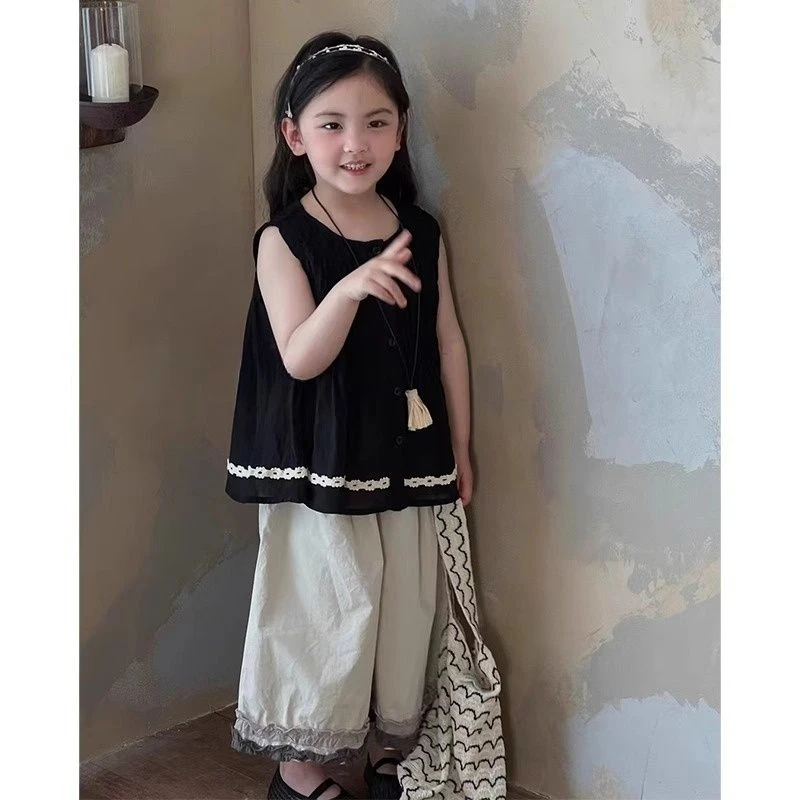 女童套装新款夏季儿童洋气时髦无袖娃娃衫上衣裤子中小童两件套潮