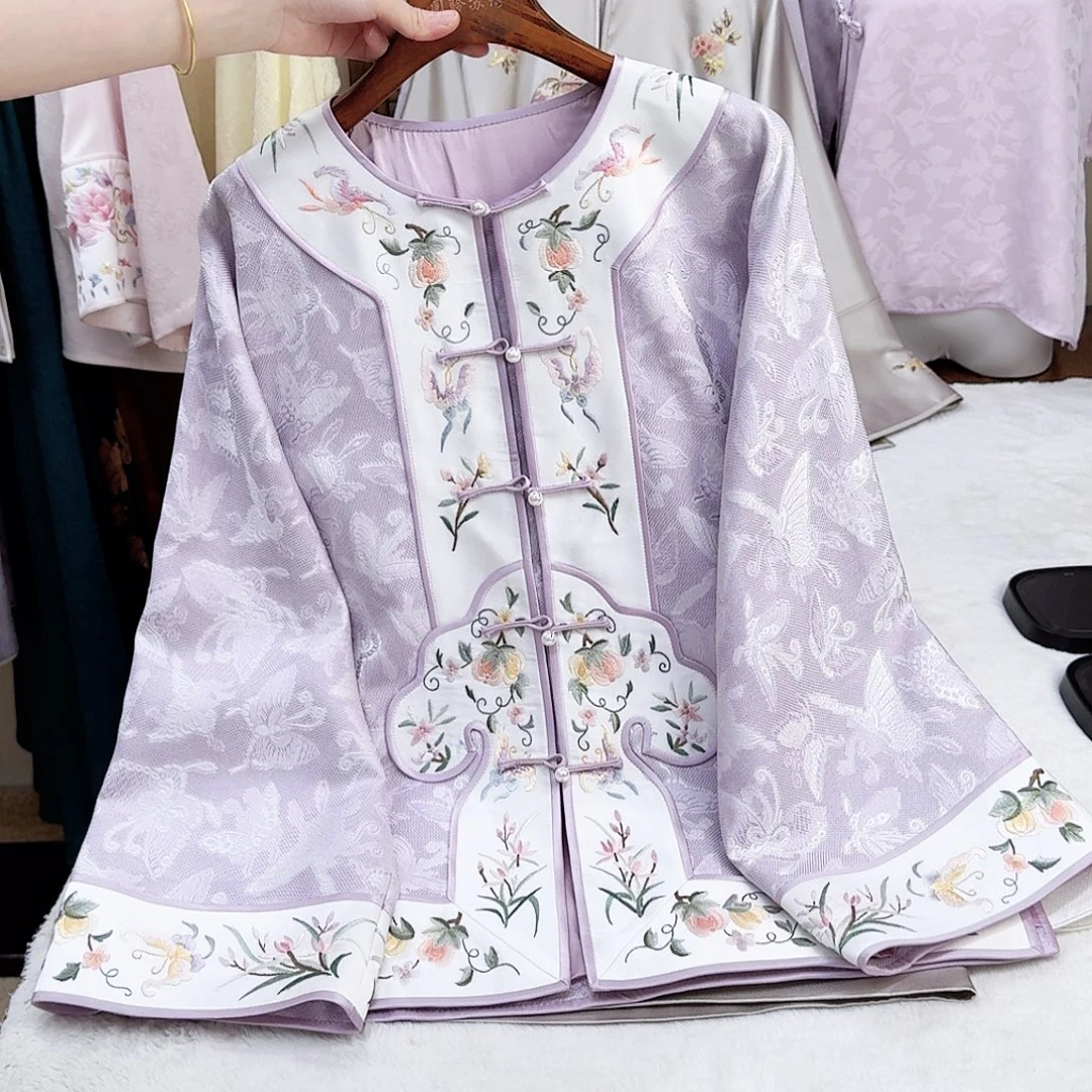 织绣真丝紫色花罗外套