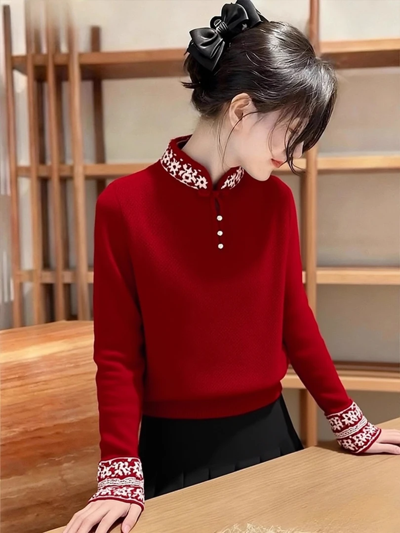 新中式红色刺绣毛衣女冬季保暖显瘦巨好看高端气质国风针织衫上衣