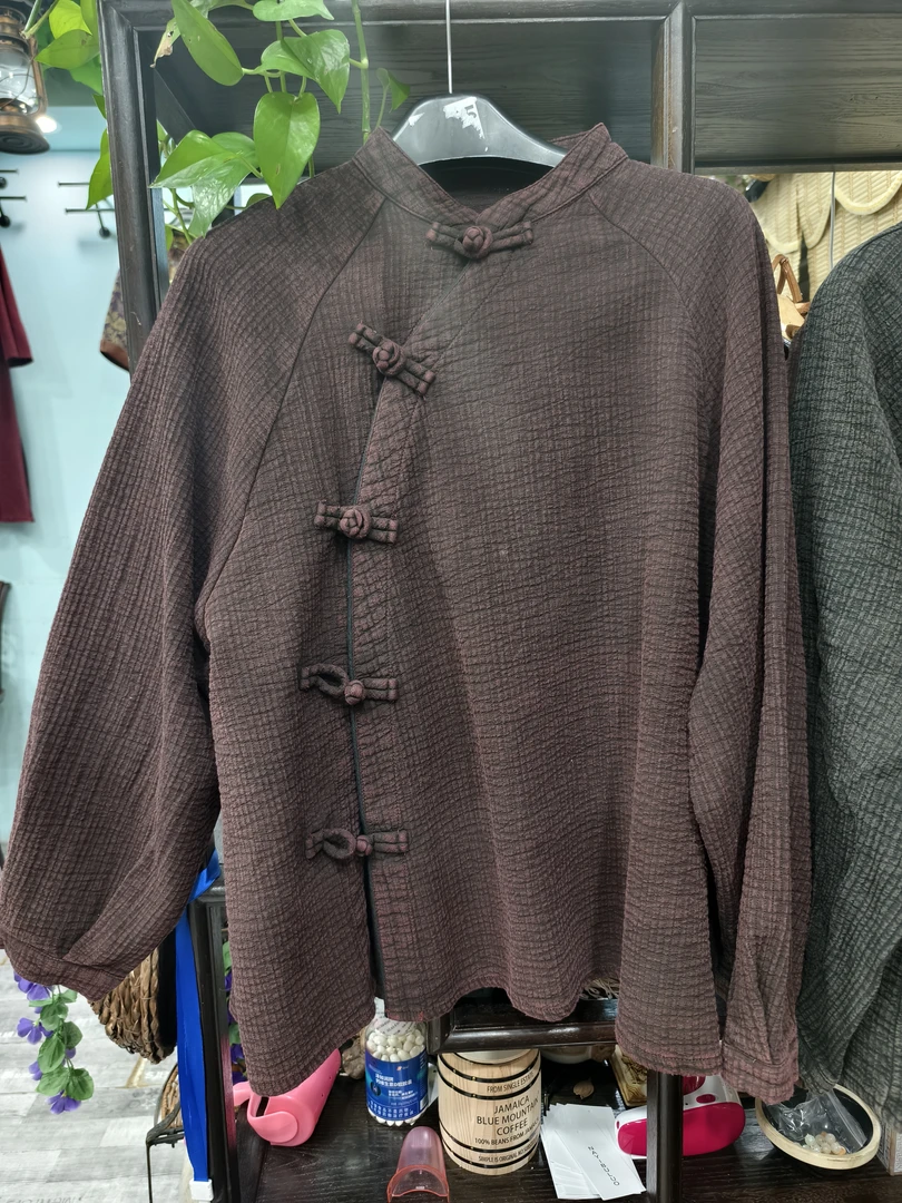 新中式做旧加厚双纱棉炒色工艺复古偏襟上衣