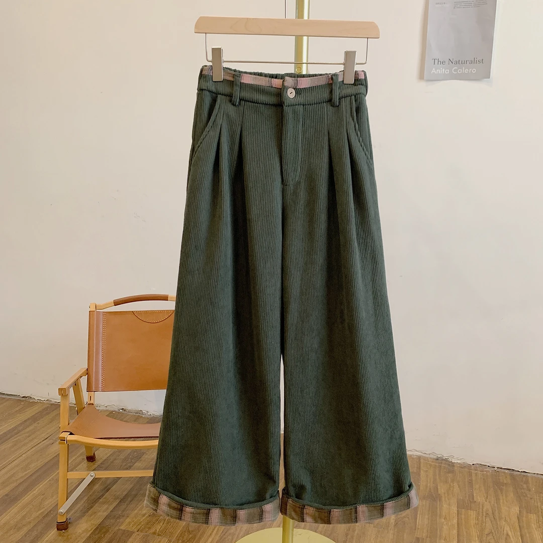 拼格裤Y4016加绒灯芯绒格纹拼接半松紧腰阔腿裤