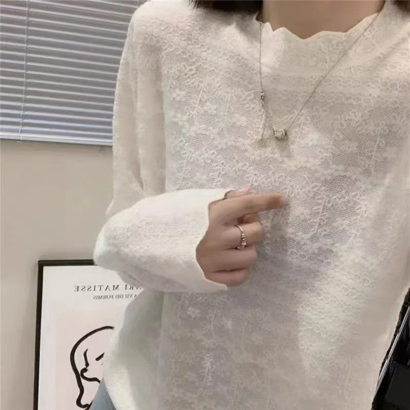 【大發专属】浮雕钩花气质优雅半高圆领毛衣内搭显瘦针织打底衫