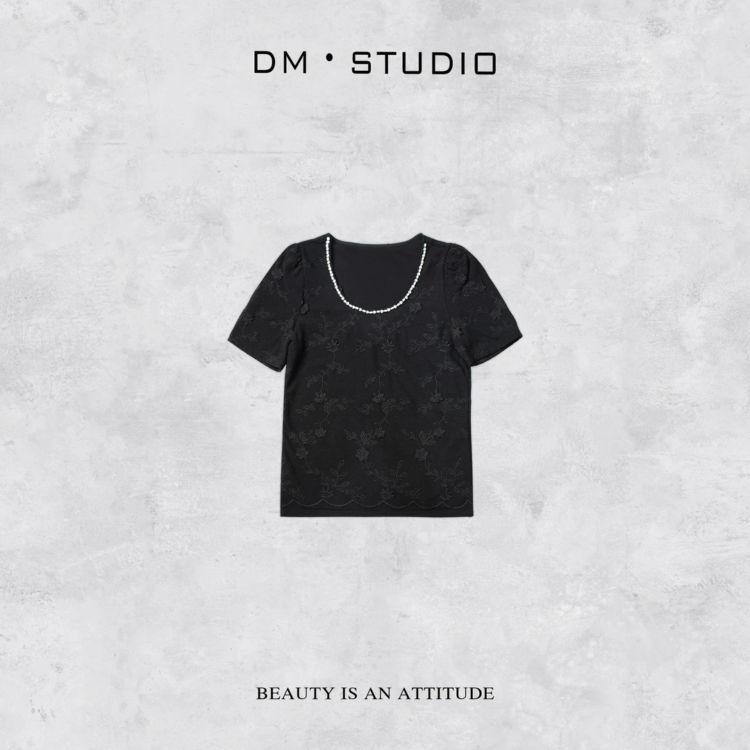 DEDM-DM•STUDIO/小众修身显瘦绣花串珠圆领短袖上衣T恤（83530）