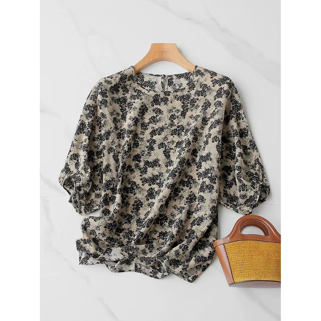 被惊艳到了！巨漂亮！印花宽松圆领短款上衣女夏季薄款T恤中袖衬衫