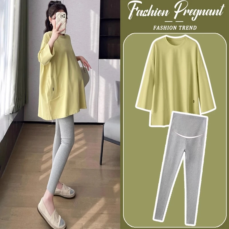 孕妇套装春秋2025新款时尚洋气时髦绿色宽松中长款上衣卫衣两件套