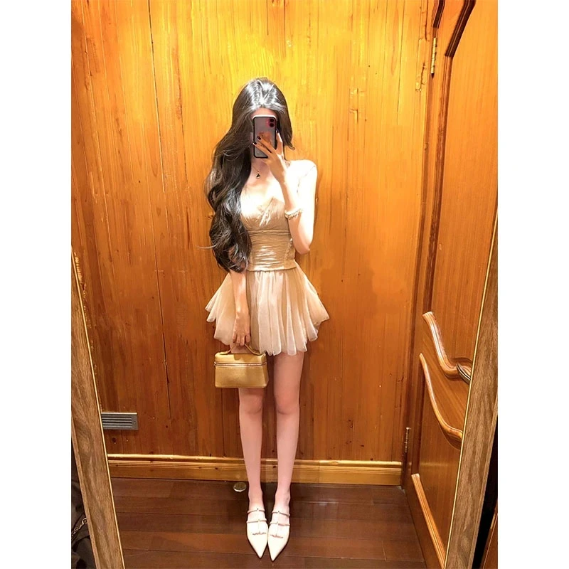 韩系甜美休闲时尚设计感V领收腰显瘦蕾丝上衣女高腰百搭网纱裤裙