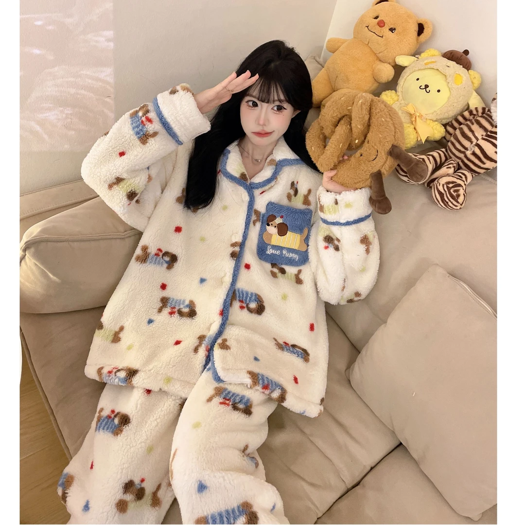 睡衣女珊瑚绒秋冬季2025新款保暖加绒加厚可爱卡通冬天家居服套装