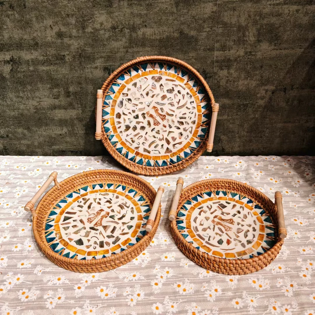 H越南真藤手工编织28*3圆形提手越美人贝壳盘客厅桌面水果零食盘