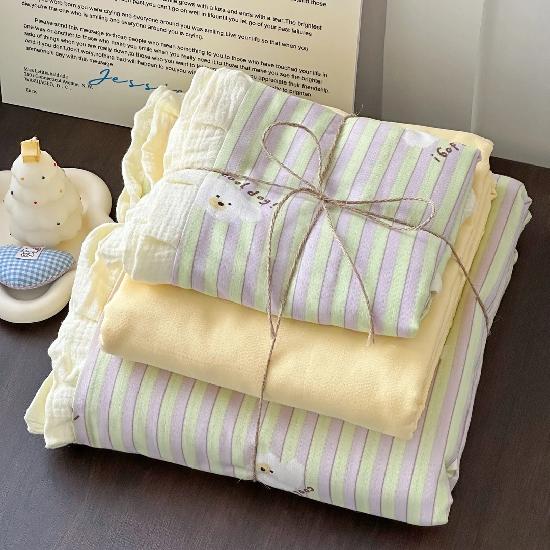 【有品】双层纱花边款床单四件套 A类裸睡级100%纯棉皱皱边款三件套