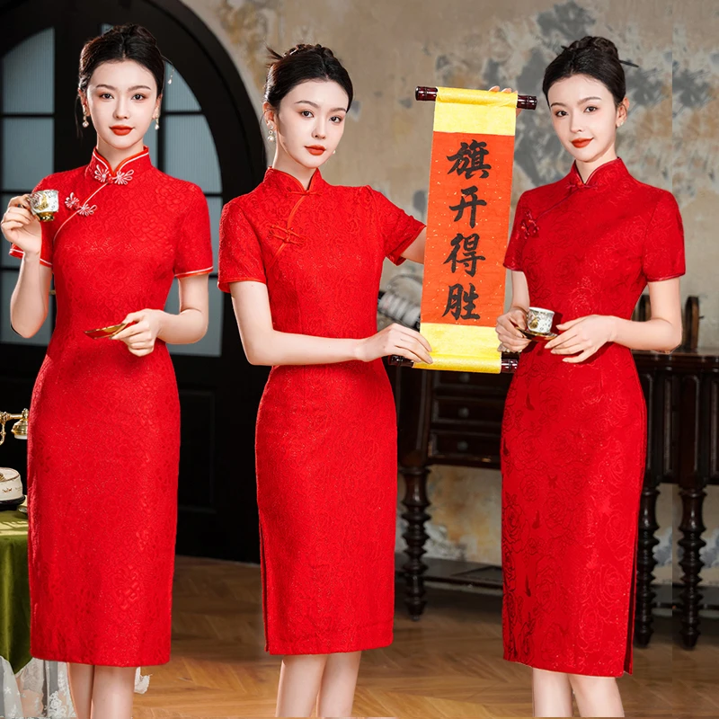 2025新款复合蕾丝高考送考酒红色旗袍新中式小个子中长款敬酒服