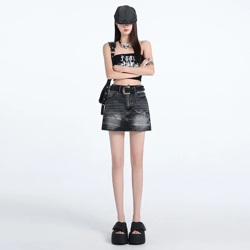 美式黑灰色辣妹牛仔半身裙女夏季高腰显瘦防走光包臀牛仔半身短裙