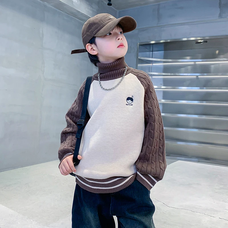 男大童2025新款韩版潮流简约冬季高领拼色毛衣儿童加厚打底针织衫