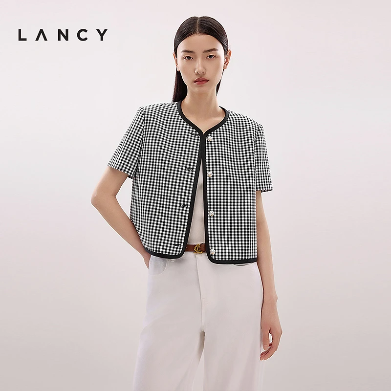 LANCY/朗姿2025年夏新款撞色格纹香风短袖短款外套高级气质上衣女