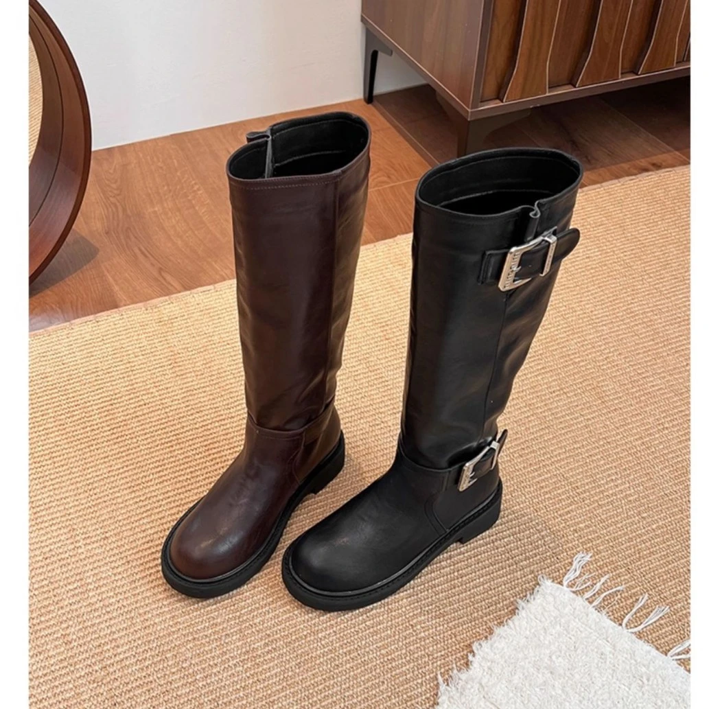 英伦风圆头百搭厚底显瘦粗跟骑士靴子女秋冬复古辣妹皮带扣长筒靴