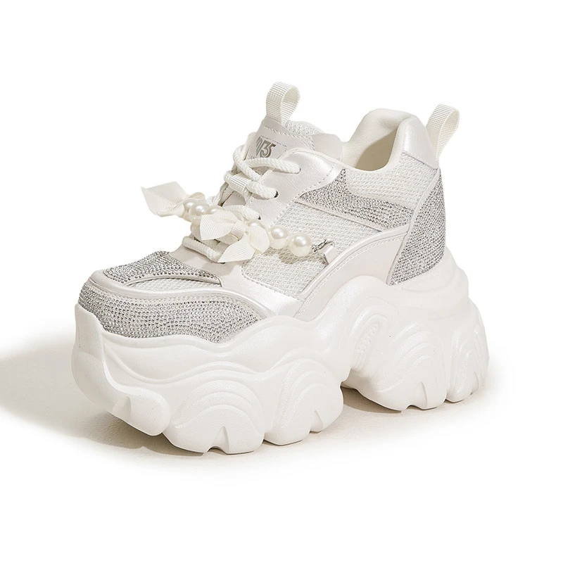 厚底内增高老爹鞋女2025春季新款水钻透气单鞋小个子百搭休闲鞋子