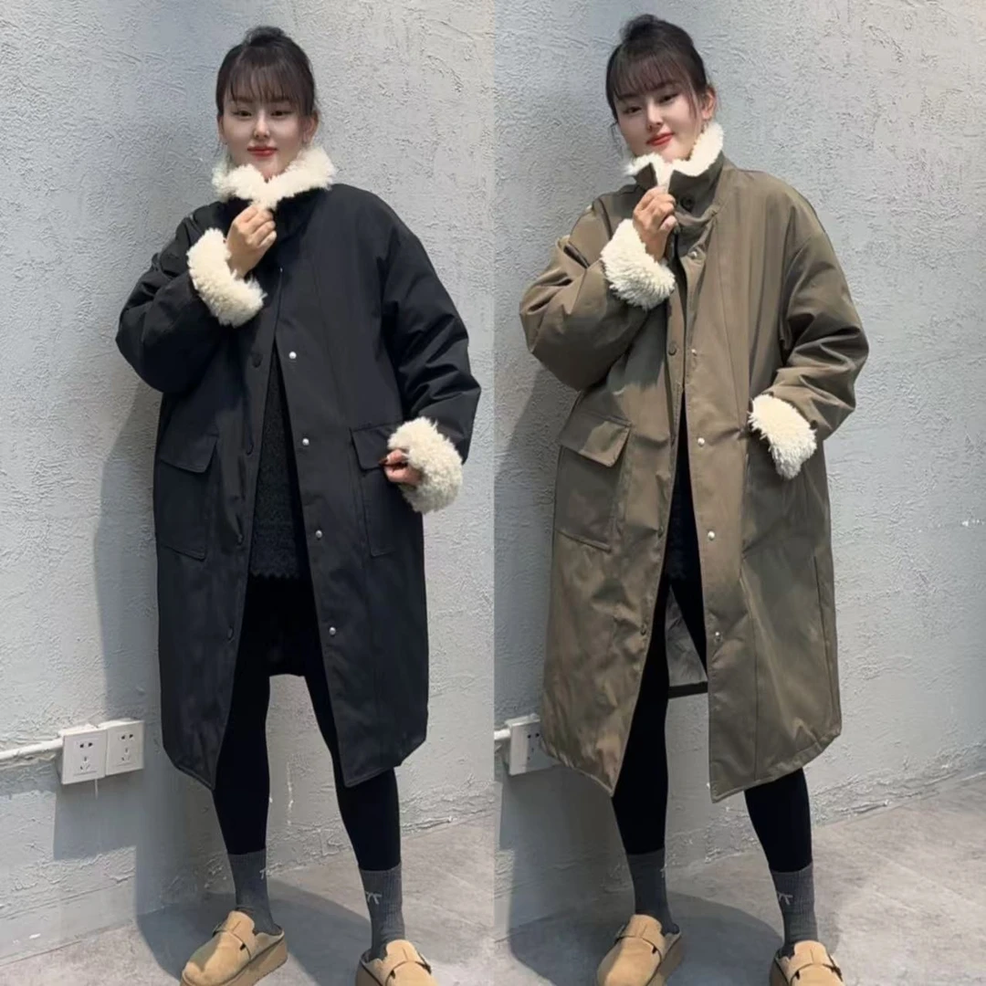 YY7729韩版加厚羊羔毛拼接风衣外套女立领宽松显瘦保暖中长款大衣
