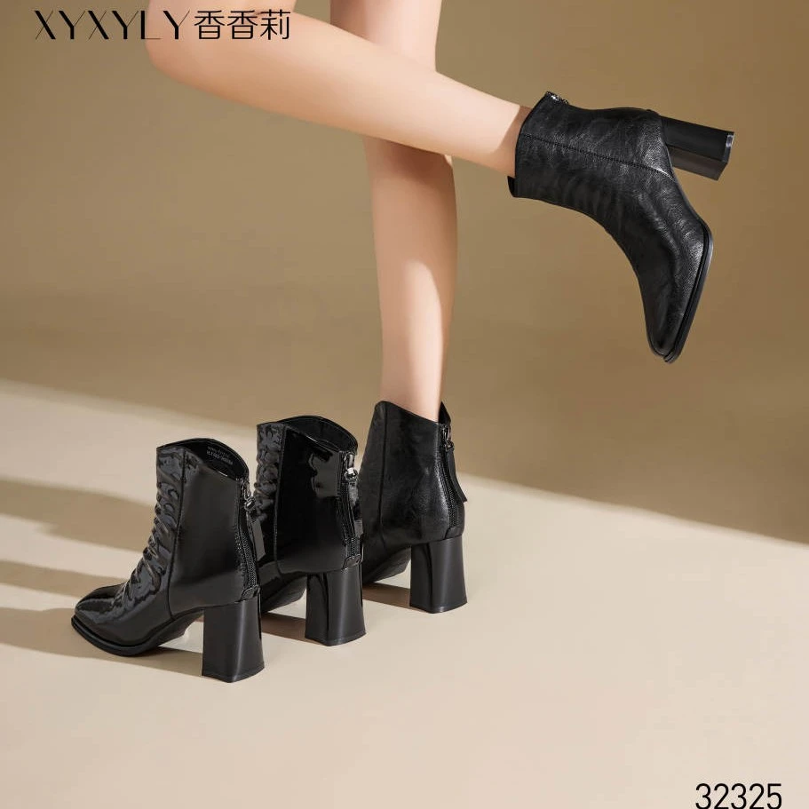 香香莉2025冬新款32325女加绒高跟方头小短靴后拉链舒适粗跟女鞋