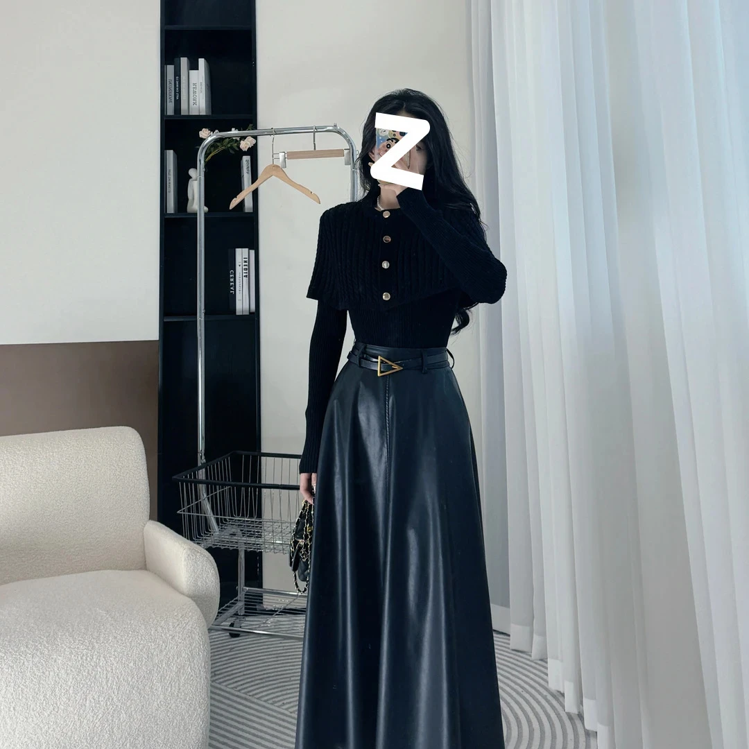 2025轻熟风御姐套装女黑色毛衣一整套ootd穿搭新款小众别致半身裙