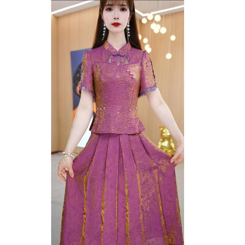 【两件套】夏季新款旗袍领时尚简约气质短袖两件套套装裙M-4XL