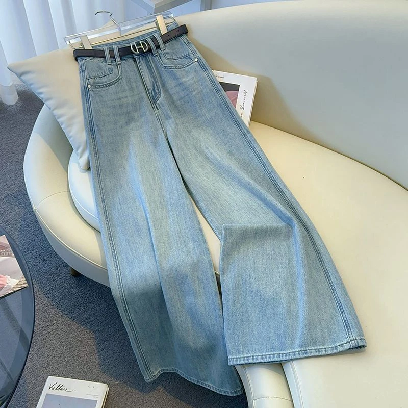 浅色阔腿拖地裤女2025新款春秋时尚梨形遮肉休闲裤垂感软牛仔裤子