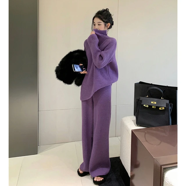 迪卡侬特价紫色针织休闲运动套装女秋冬加厚高级感洋气毛衣阔腿裤