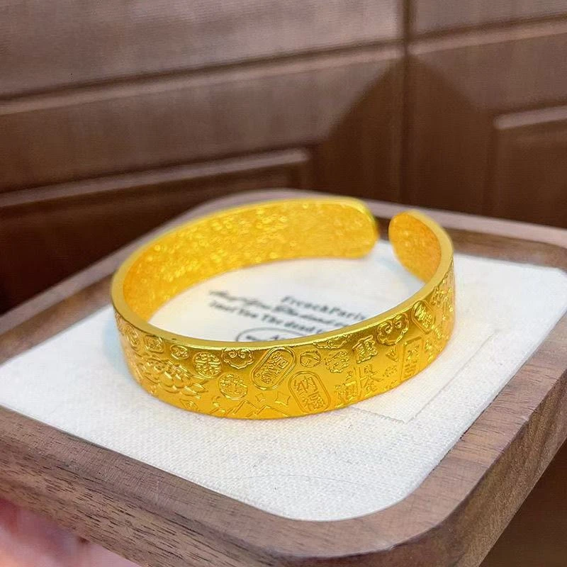 铜合金手镯 莲花吉言八宝手镯女款金色宽面福字开口实心送妈妈