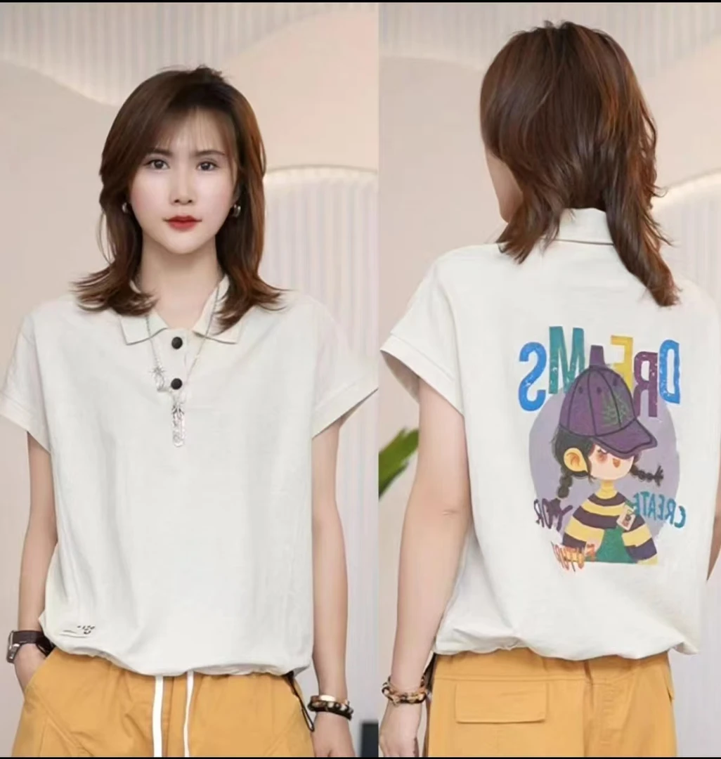 25年夏季新款Polo领后背印花飞飞袖T恤百搭休闲下摆抽绳显瘦上衣