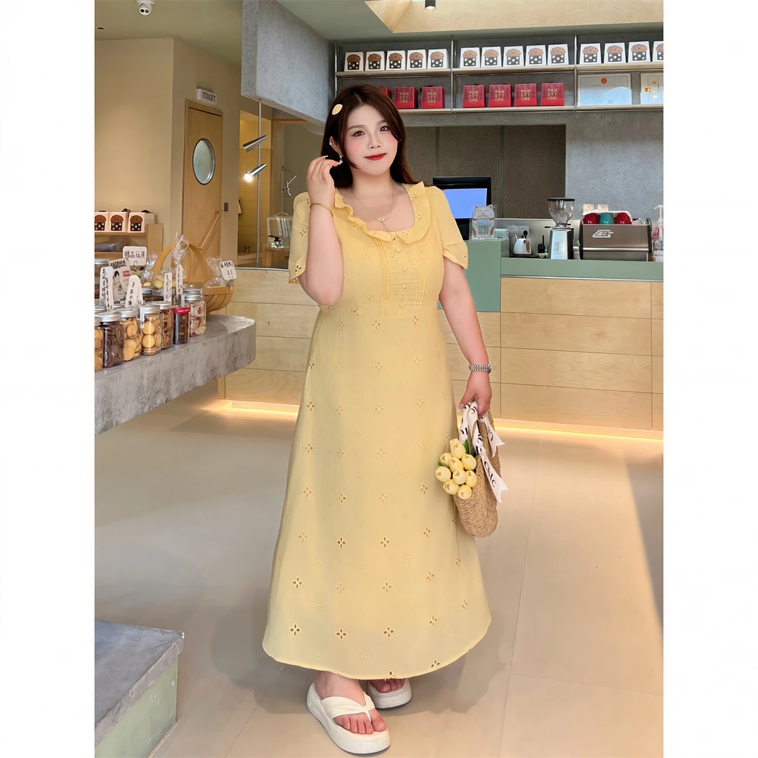 虚焦心跳 /田园风镂空刺绣连衣裙15366花契大码200斤胖mm温婉大方