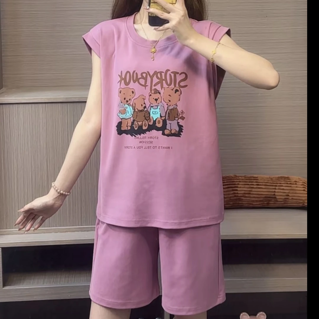 卡通小飞袖字母夏季带胸垫动漫韩版时尚无袖短裤睡衣套装