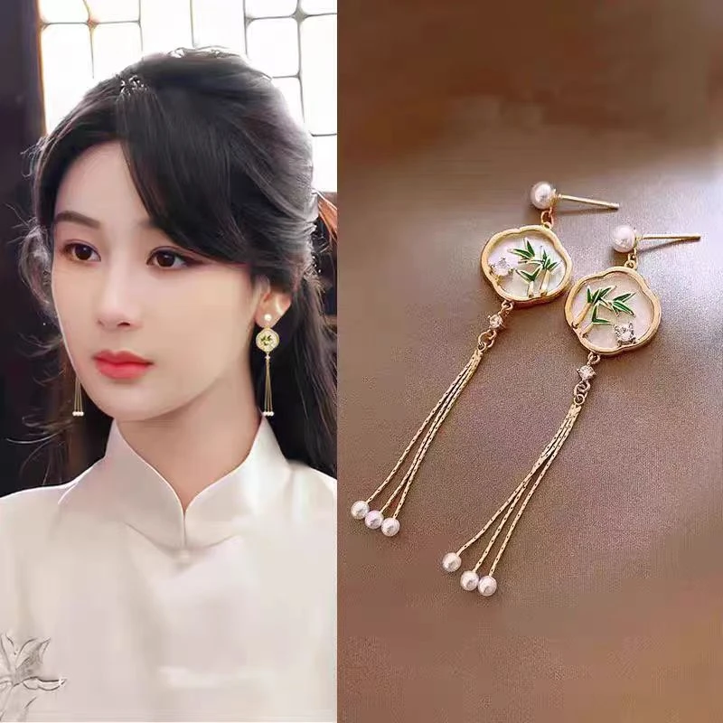 中式翠竹流苏耳环长款女轻奢韩版高级感耳钉爆款国风小众气质耳饰