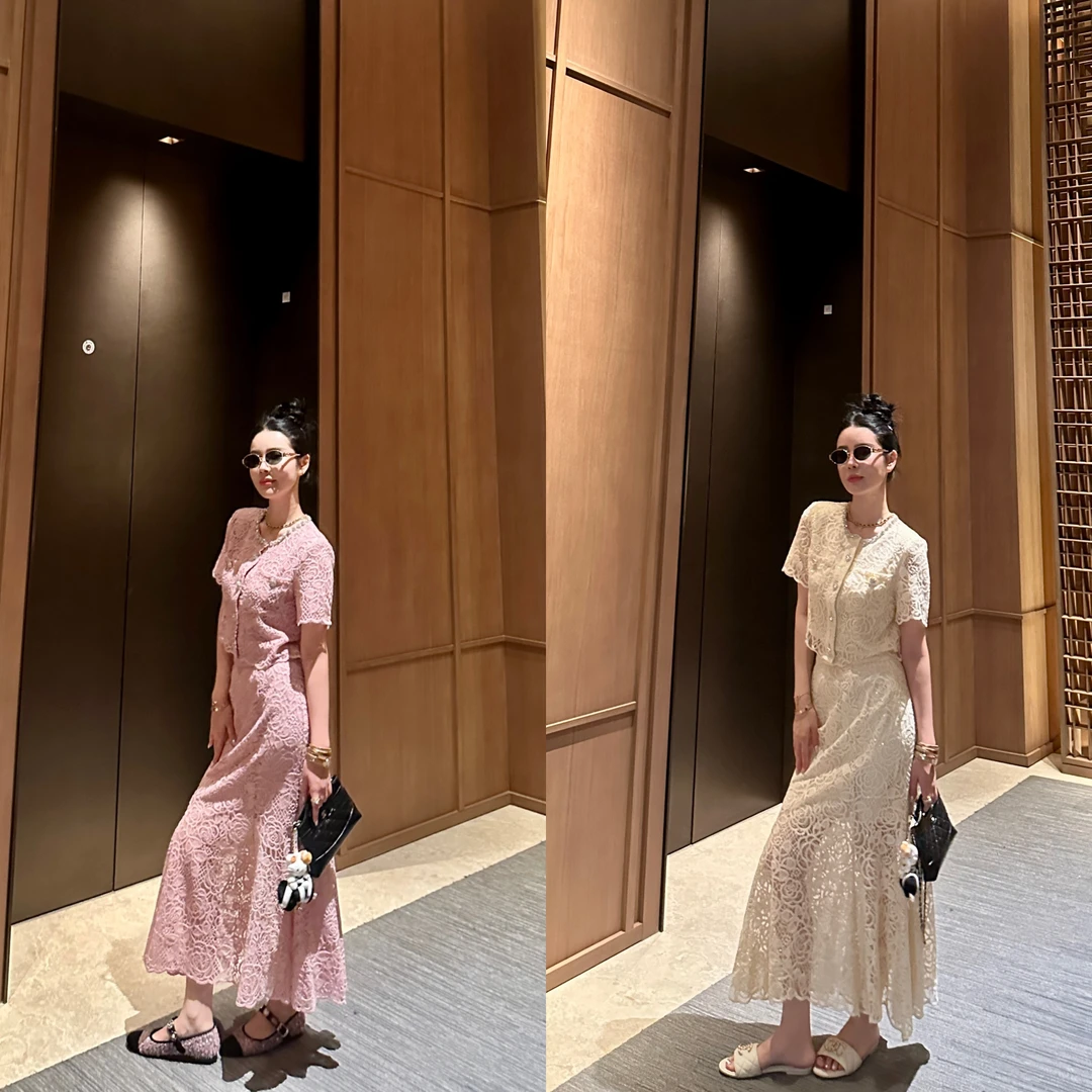 DL乐乐家【仲夏假期】时尚百搭蕾丝镂空钩花短袖鱼尾修身半身裙套装