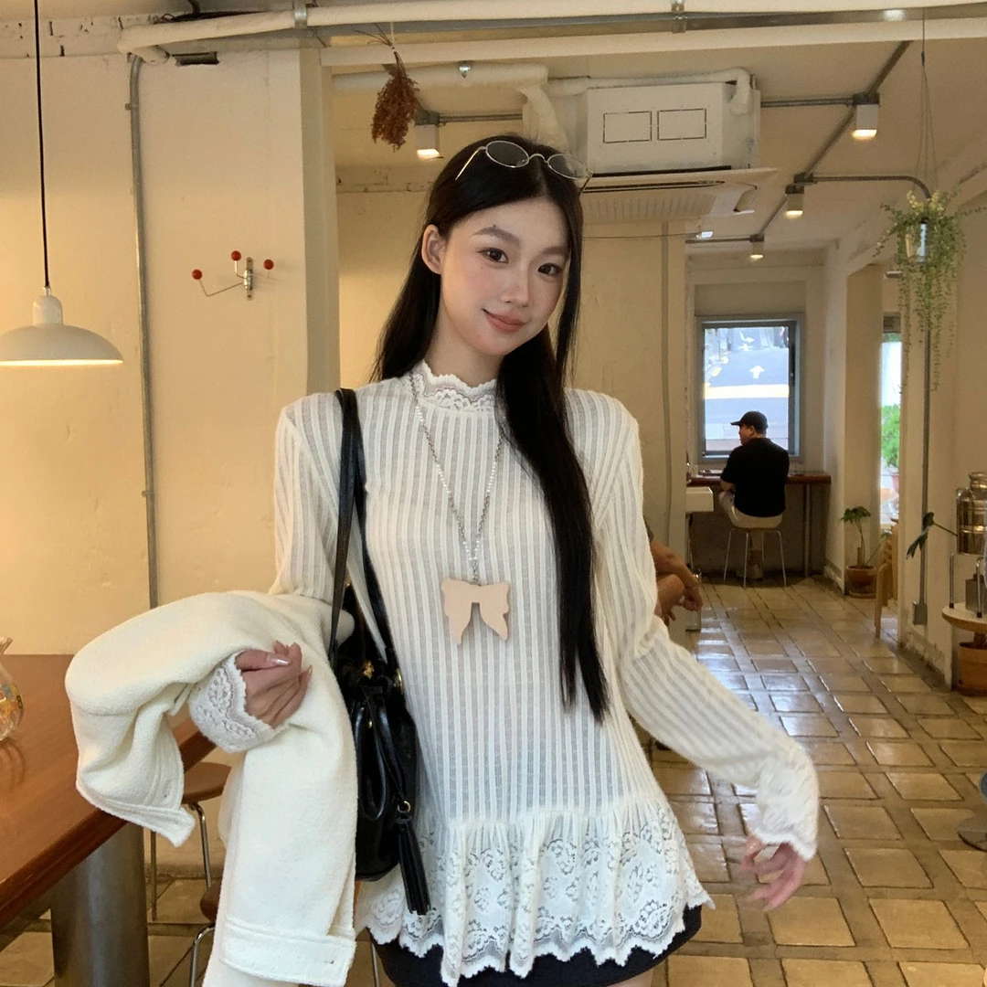 白色花边半高领长袖T恤女早秋叠穿蕾丝内搭打底衫设计感小众上衣