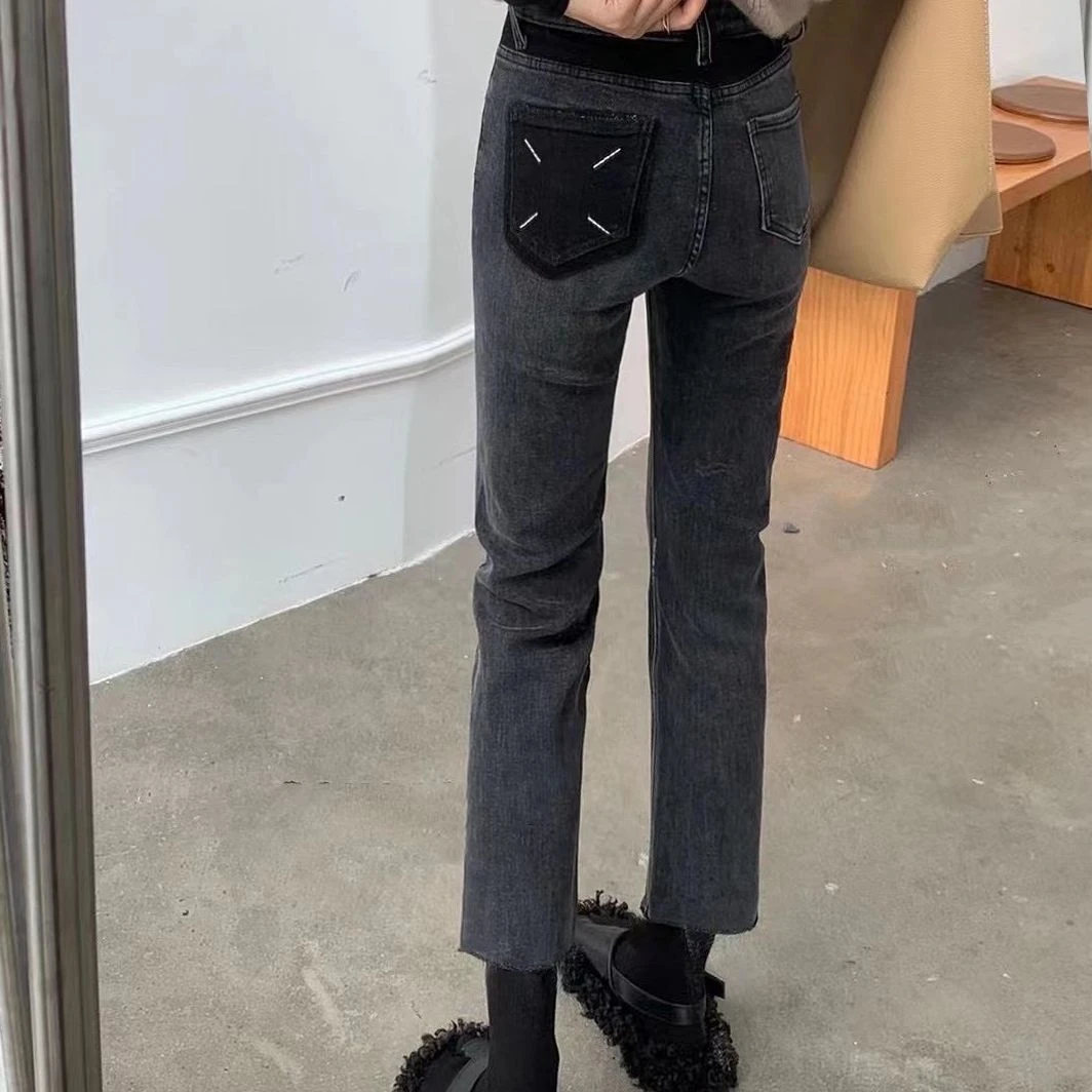 W00304欧货拼色显瘦小直筒烟管加绒牛仔裤