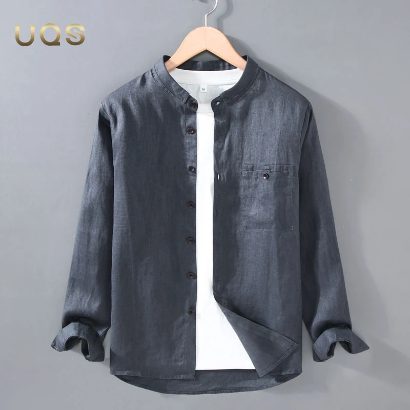 秋季大码高端纯亚麻男士衬衫款舒适休闲透气纯色简约大气百搭开衫