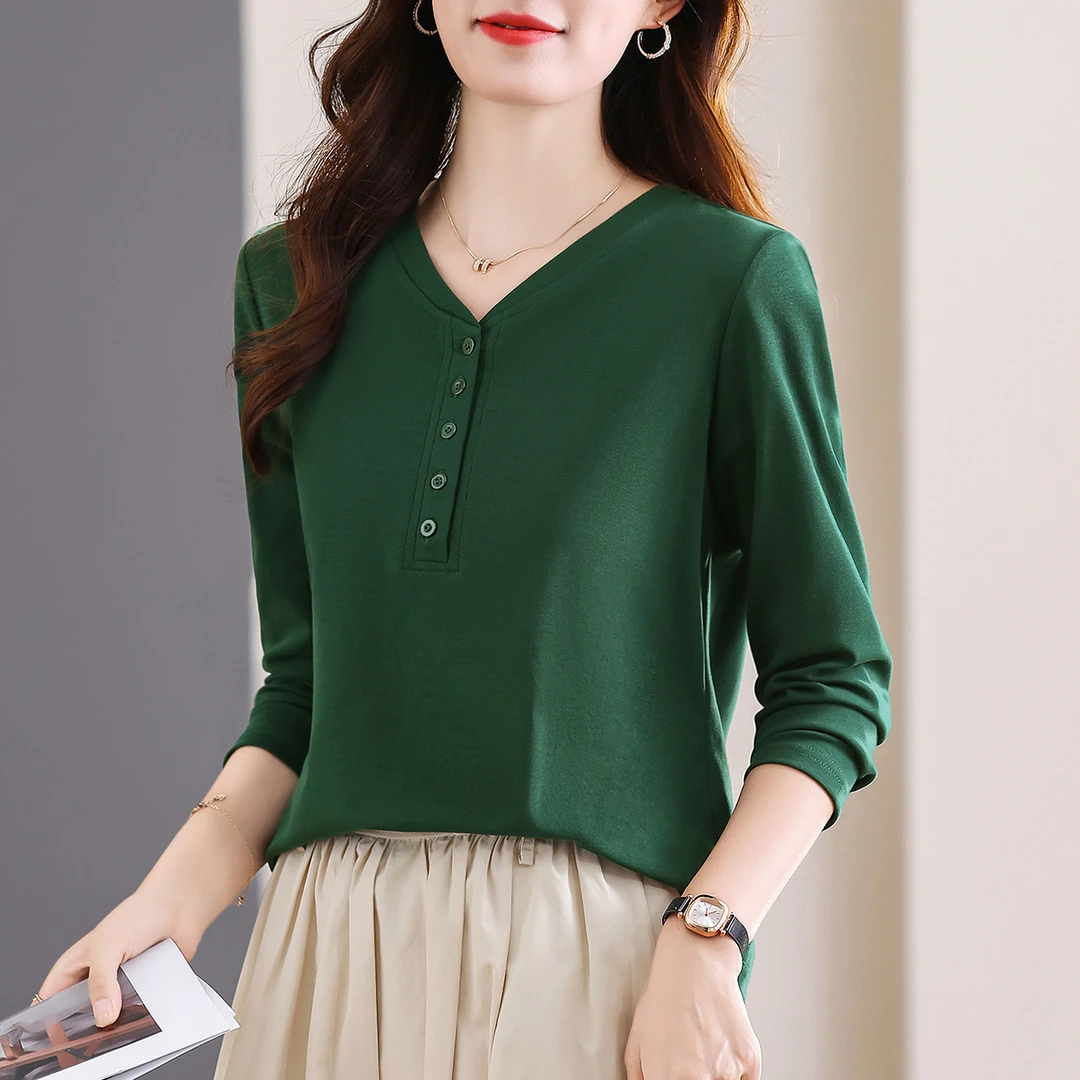 90支新疆精梳棉棒球领纯色长袖T恤女早秋2026新款百搭时尚打底衫