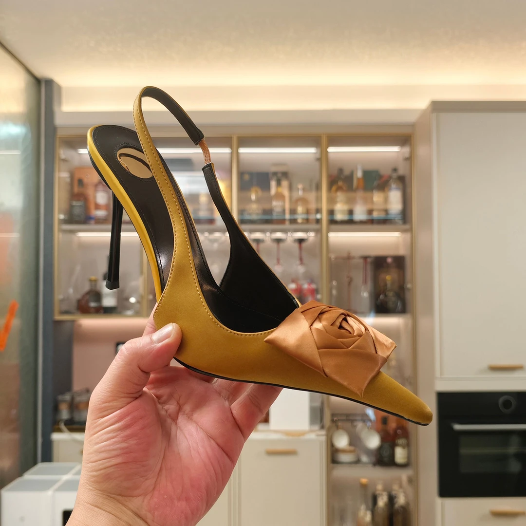 高端尖头绝美超高跟鞋女细跟真皮绸缎包头一脚蹬凉鞋女夏外穿新款