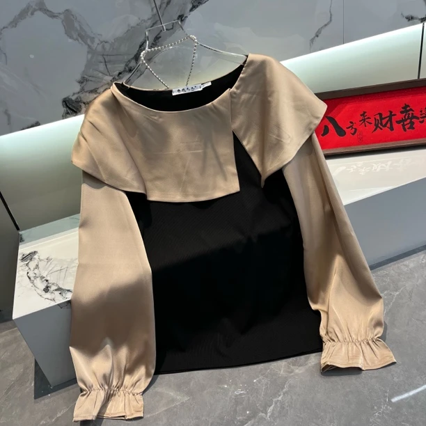 小众设计感荷叶边撞色拼接长袖衬衫女时尚显瘦上衣