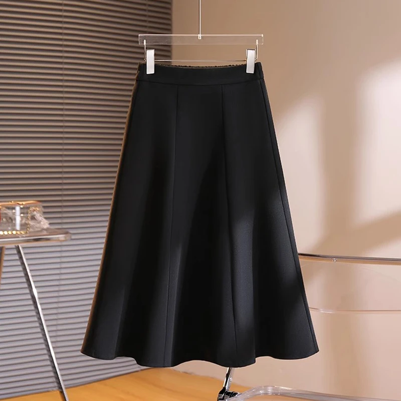 拉夏贝尔毛呢半身裙女秋冬季2025新款高腰春款时尚中长款A字伞裙