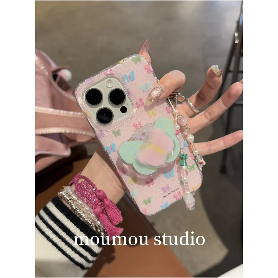 少女满屏彩色蝴蝶适用于iPhone16Promax手机壳苹果15支架14挂件13