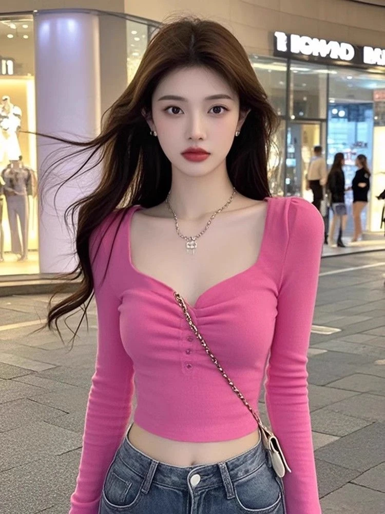 气质甜辣妹修身长袖粉色打底衫女内搭短款百搭上衣性感纯欲风