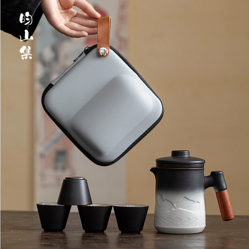 便携式旅行茶具小套装粗陶远山快客杯一壶四杯简约户外泡茶壶茶杯