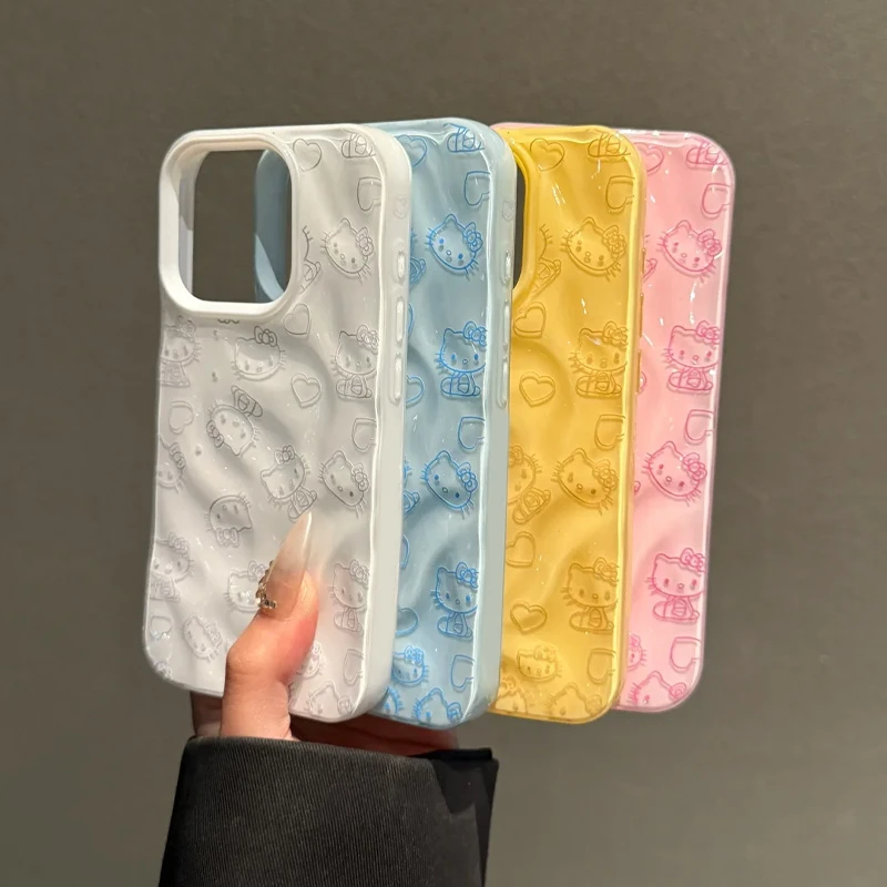 BANCA多色线条爱心kt猫适用iPhone16/15promax褶皱手机壳14/13/12