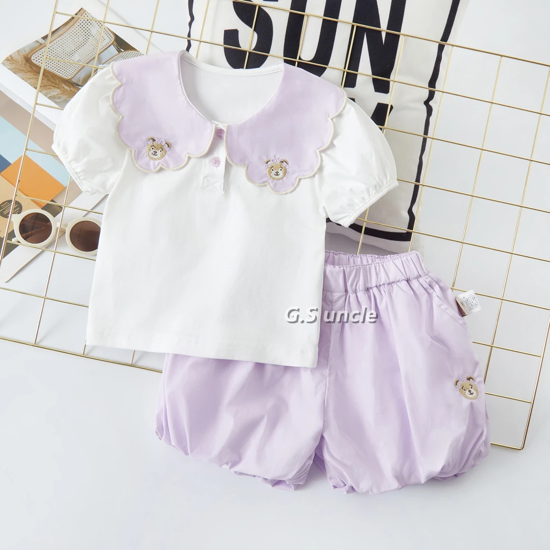 【邻家女孩】H25056女童K25056夏款洋气甜美套装娃娃领紫色休闲韩版